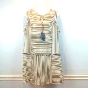 Greylin blue/cream stripped sleeveless Sheath dress with Fringe and tassels L
